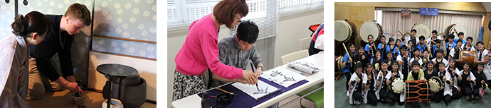 受賞者受入れの様子 写真(左から茶道、書道、和太鼓体験)