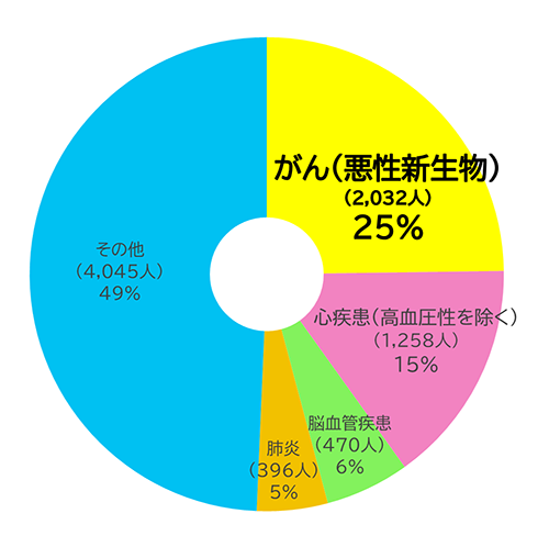 円グラフ:がん(悪性新生物)(2,032人)25%、心疾患(高血圧性を除く)(1,258人)15%、肺炎(396人)5%、脳血管疾患(470人)6%、その他(4,045人)49%
