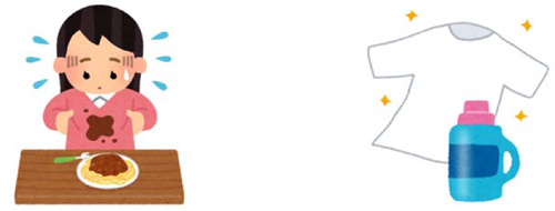 服を汚したイラストと 洗剤ときれいなTシャツのイラスト