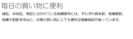 毎日の買い物に便利 緑区、中央区、南区に分かれている相模原市には、それぞれ橋本駅、相模原駅、相模大野駅を中心に、日常の買い物にとても便利な商業施設が揃っています。