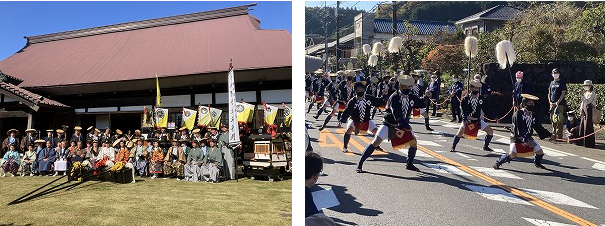衣裳姿の集合写真と大名行列の写真