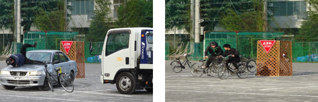 スタントマンの再現シーン　死角からの飛び出し等