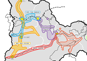 運賃区域の地図イメージ　同図　各地区版PDFをご覧ください。