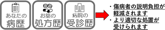 あなたの病歴、お薬の処方歴、病院の受診歴を閲覧することで、傷病者の説明負担が軽減されるとともに、より適切な処置が受けられます。