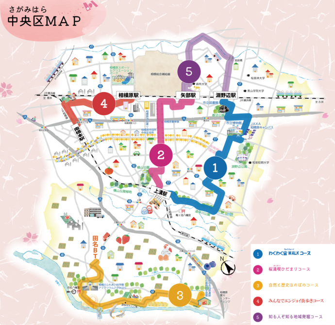 さがみはら中央区散策ガイドマップイメージ画像（1）わくわく宙WALK（ちゅううぉーく）コース（2）桜満喫ひだまりコース（3）自然と歴史ほのぼのコース（4）みんなでエンジョイ街歩きコース（5）知る人ぞ知る地域発掘コース
